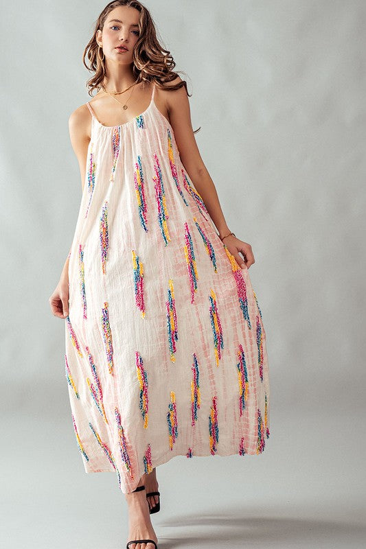 Embroidery Multi-Stripe Pattern Maxi Dress