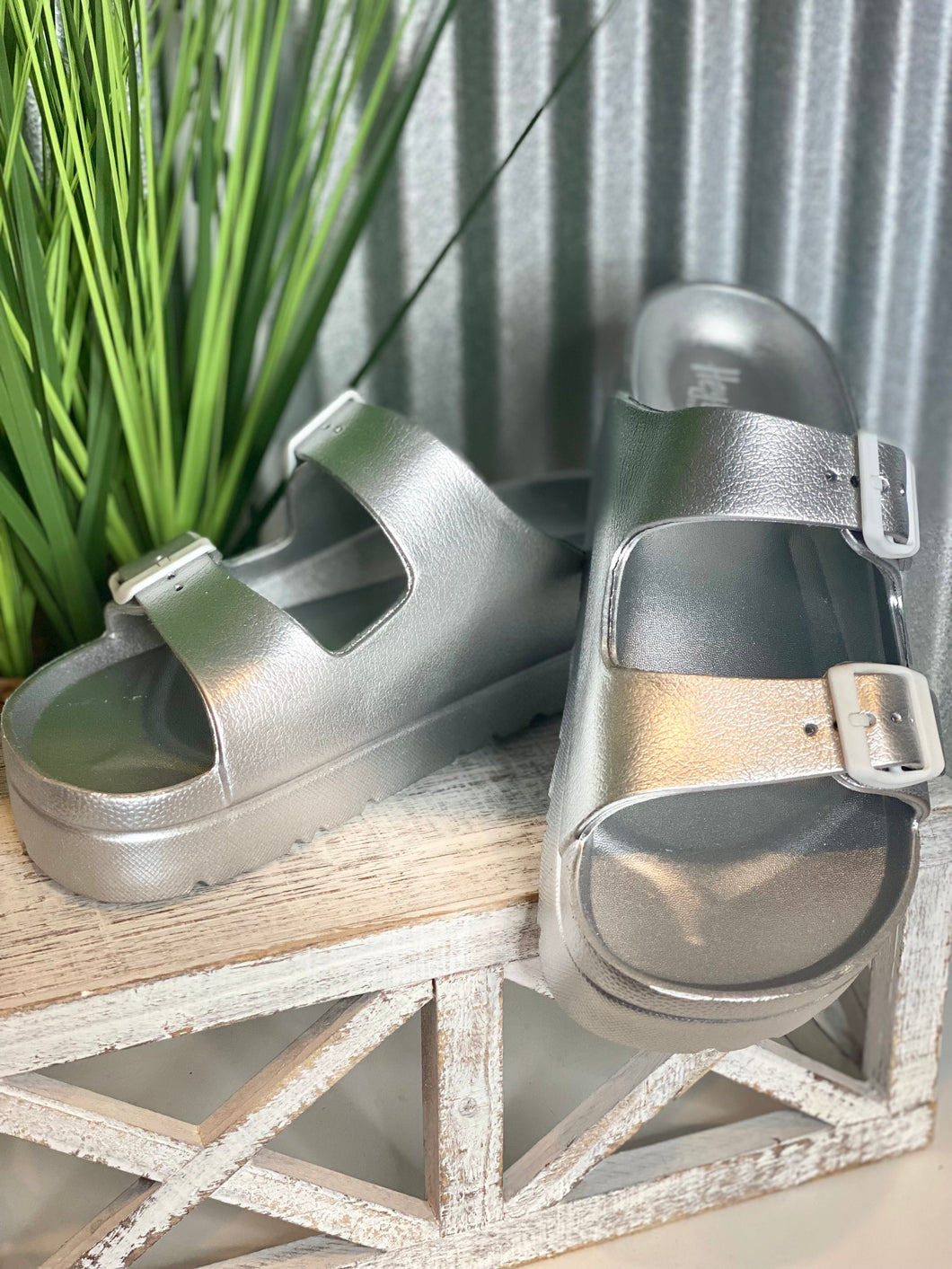 Silver Metallic Slip-On Slide Sandals - Size 7